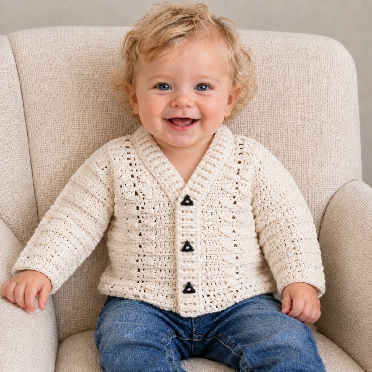 Baby wearing a cream Carter V-neck crochet cardigan with blue jeans on a cream chair, digital pattern PDF.
