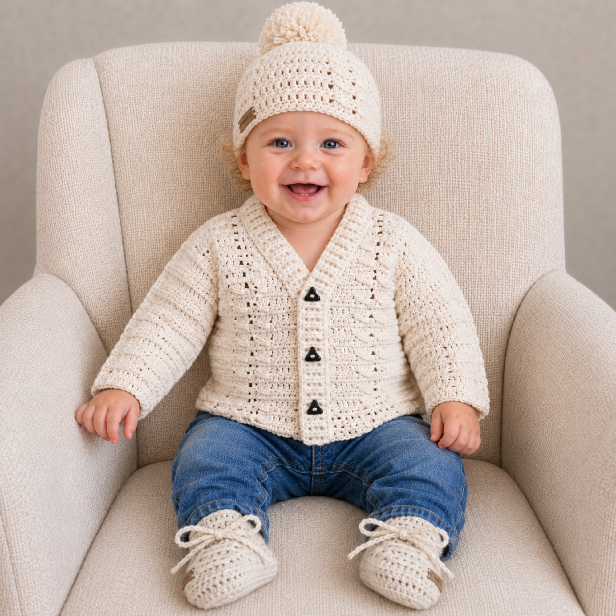 Baby in blue jeans on a cream chair wears the Carter crochet cardigan, hat and booties. Digital pattern PDF set, 0–2Y.