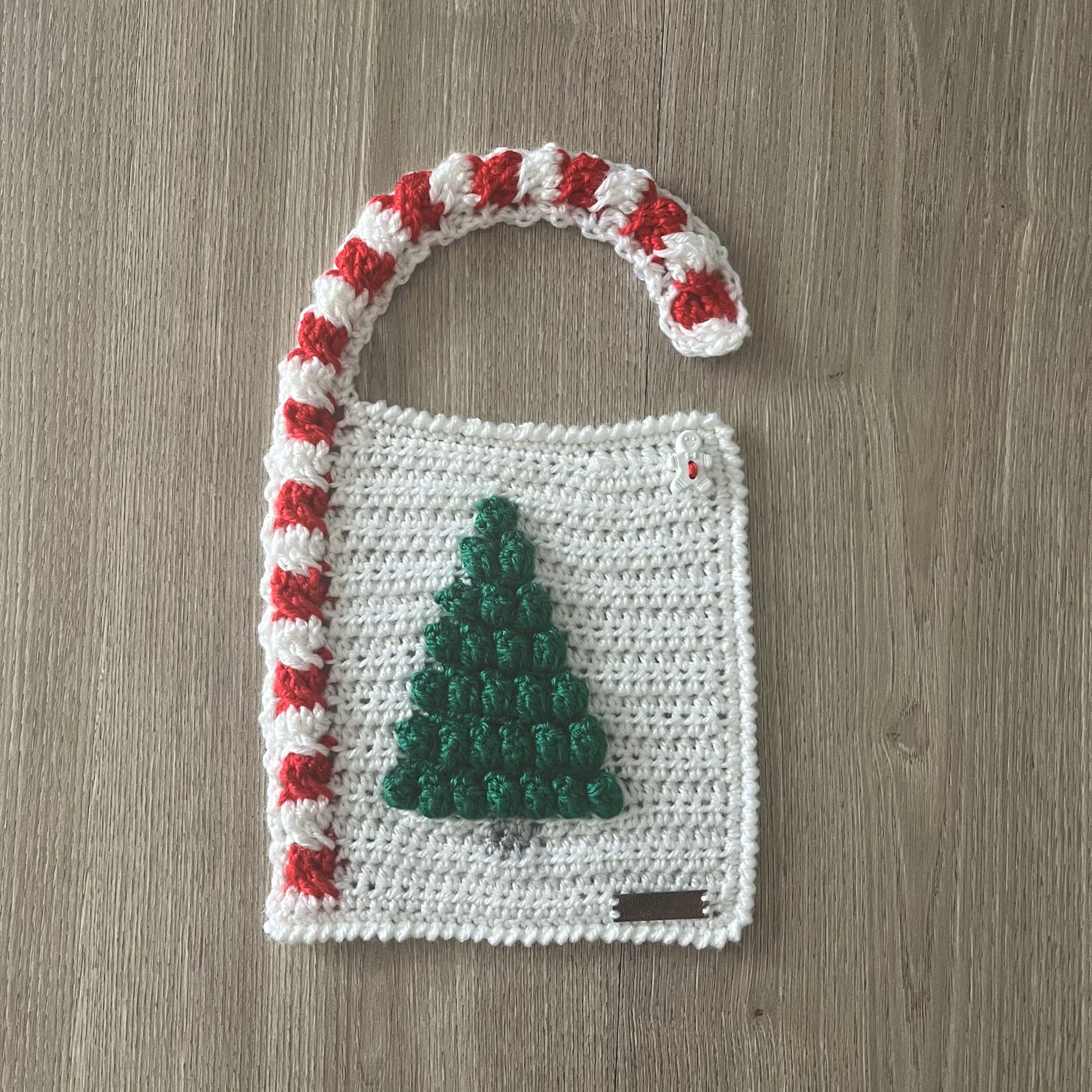 Chrissy Christmas Crochet Candy Cane Baby Bib open