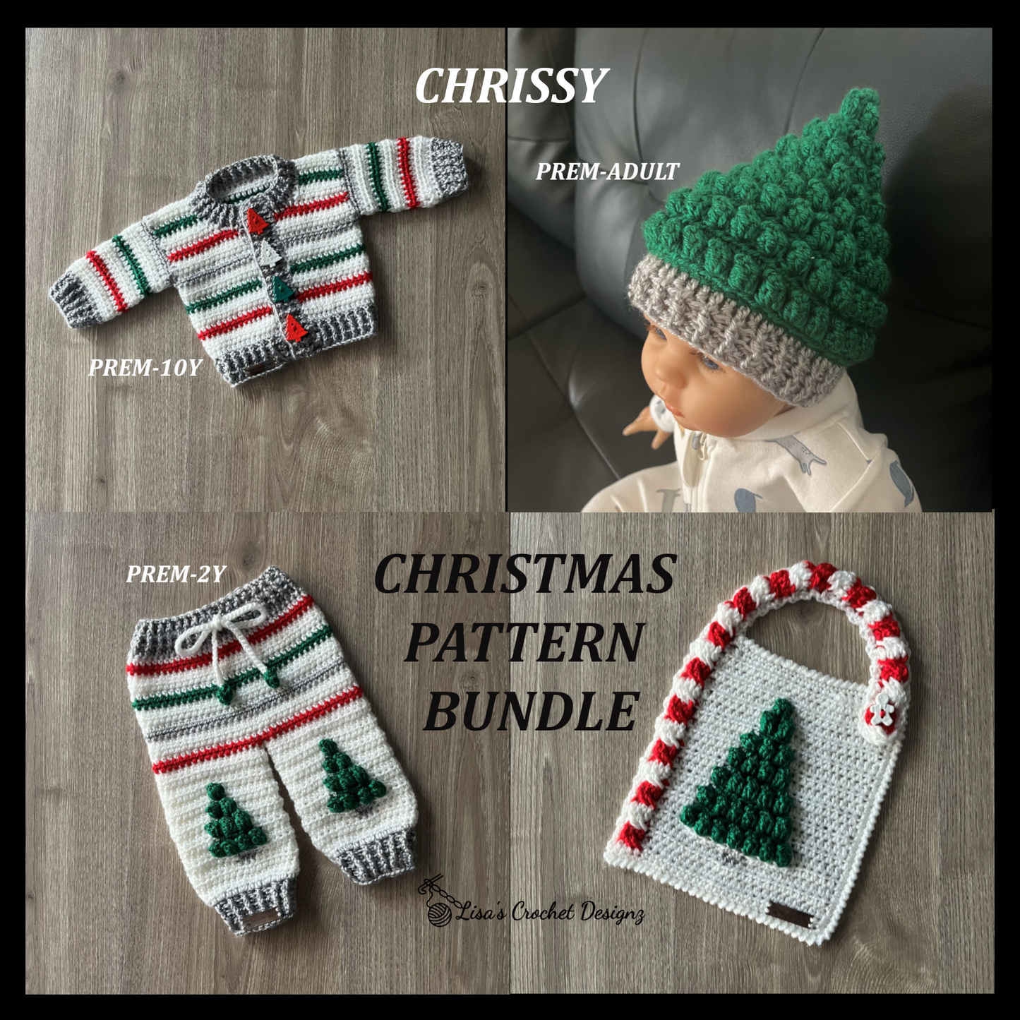 chrissy christmas crochet pattern bundle sweater hat pants and bib