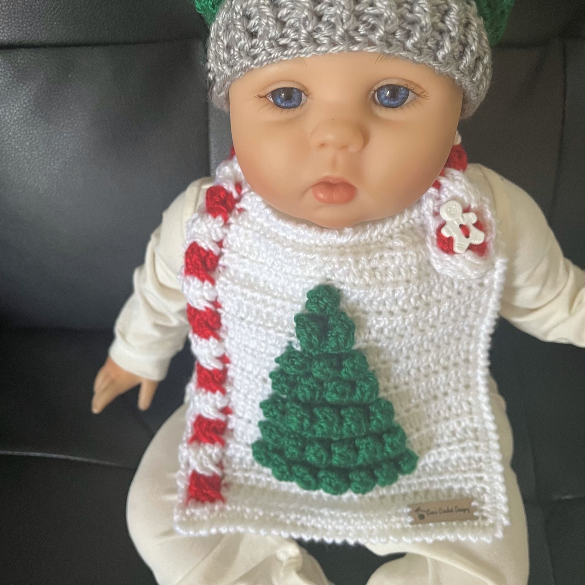 Chrissy Christmas Crochet Candy Cane Baby Bib on baby