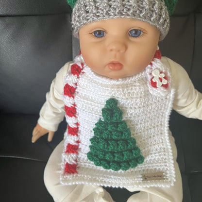 Chrissy Christmas Crochet Candy Cane Baby Bib on baby