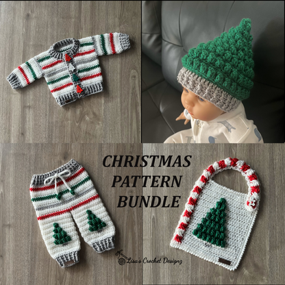 chrissy christmas crochet pattern bundle sweater hat baby pants bib