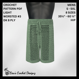 Green Colt crochet mesh-panel shorts on black mannequin, silver background. Digital pattern PDF details, sizes S to 5XL.
