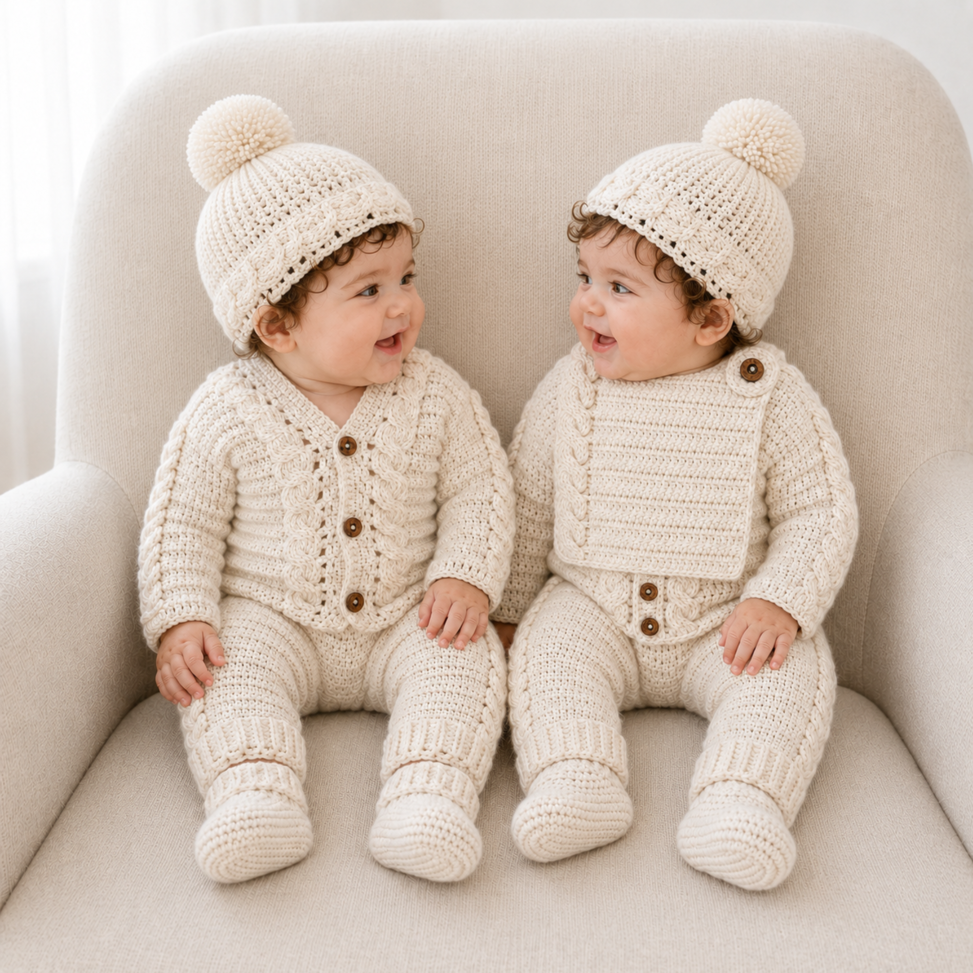 Babies in cream Cooper crochet outfits on cream chair; cable-detail cardigans hats pants booties, one wears bib. Digital pattern PDF.
