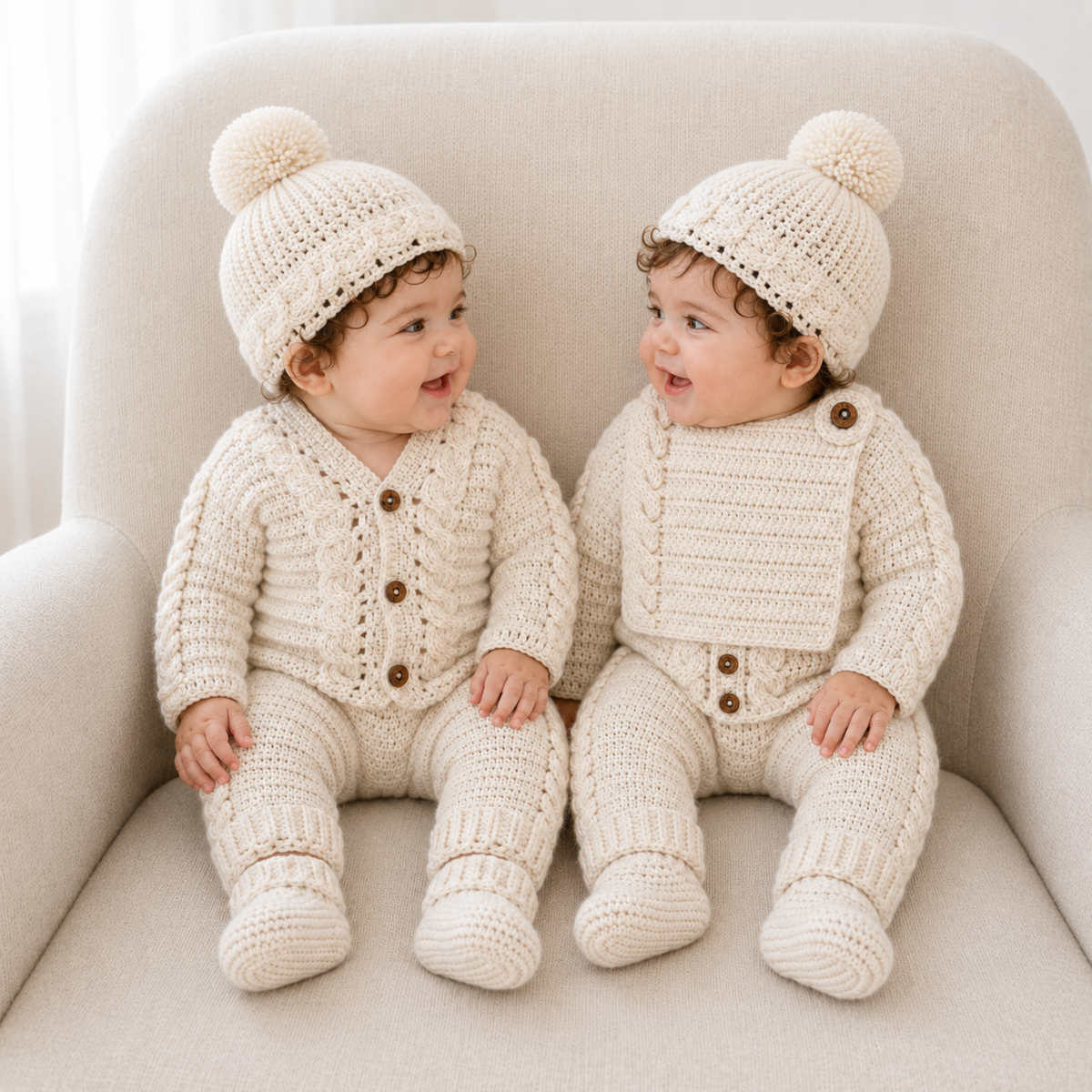 Babies in cream Cooper crochet outfits on cream chair; cable-detail cardigans hats pants booties, one wears bib. Digital pattern PDF.
