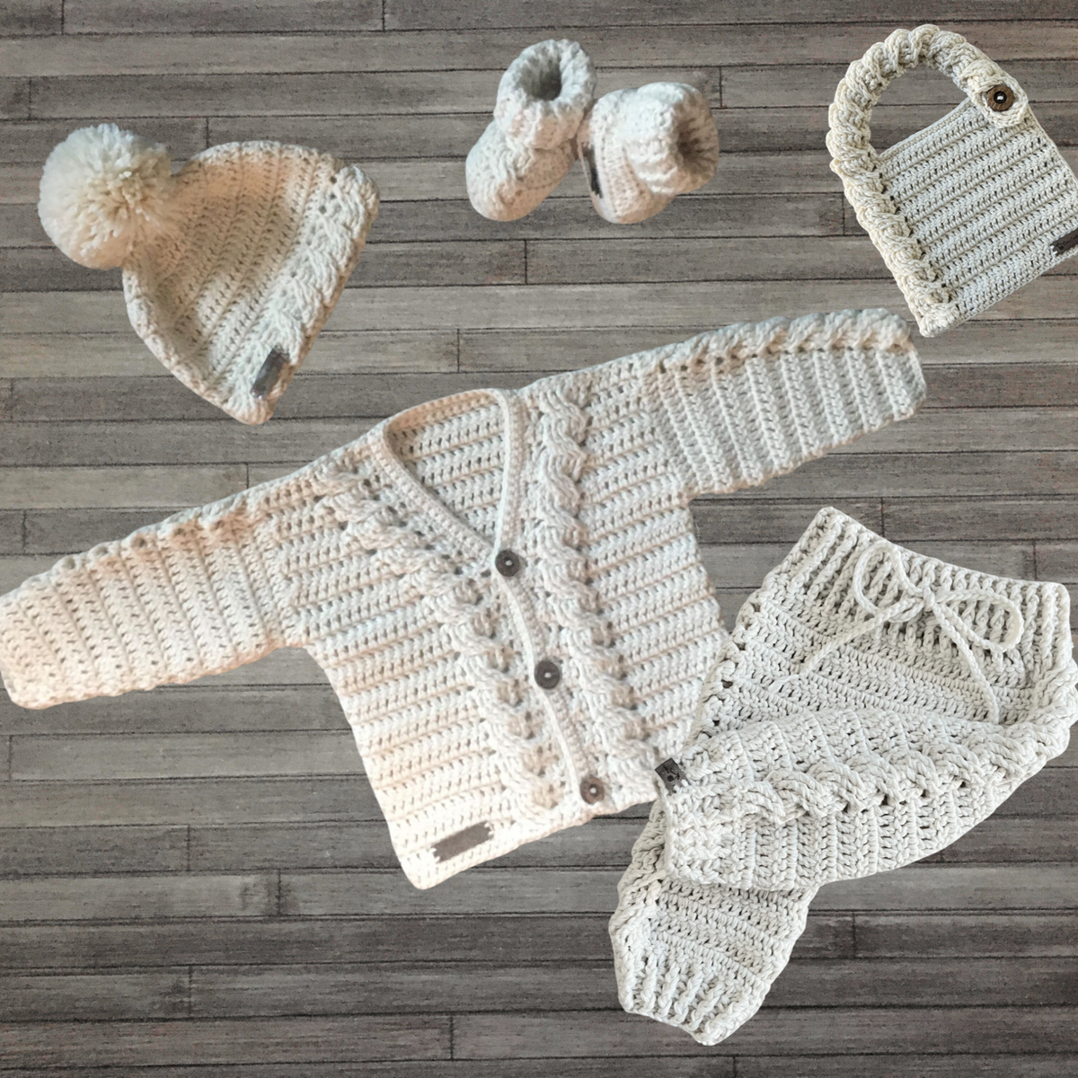 Cooper Crochet Pattern Collection – Cardigan, Hat, Baby Pants (0-2Y), Booties & Bib – English PDF