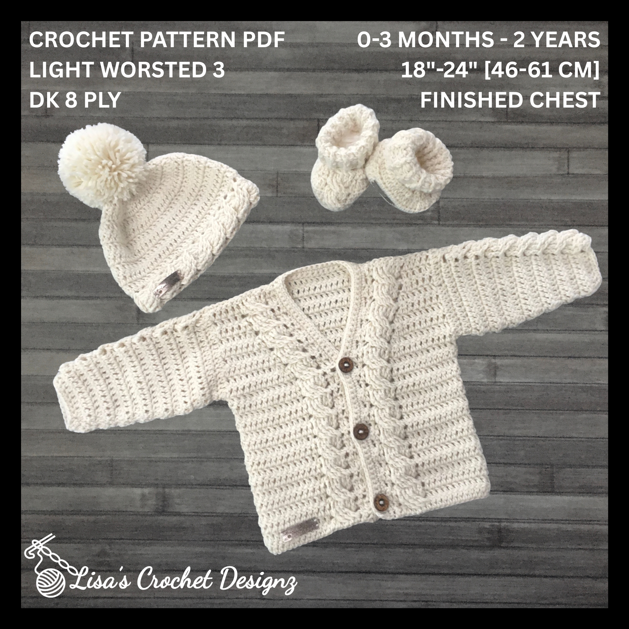 Cooper Cardigan, Hat & Booties (Baby to 2 Years) | Crochet Pattern PDF | English