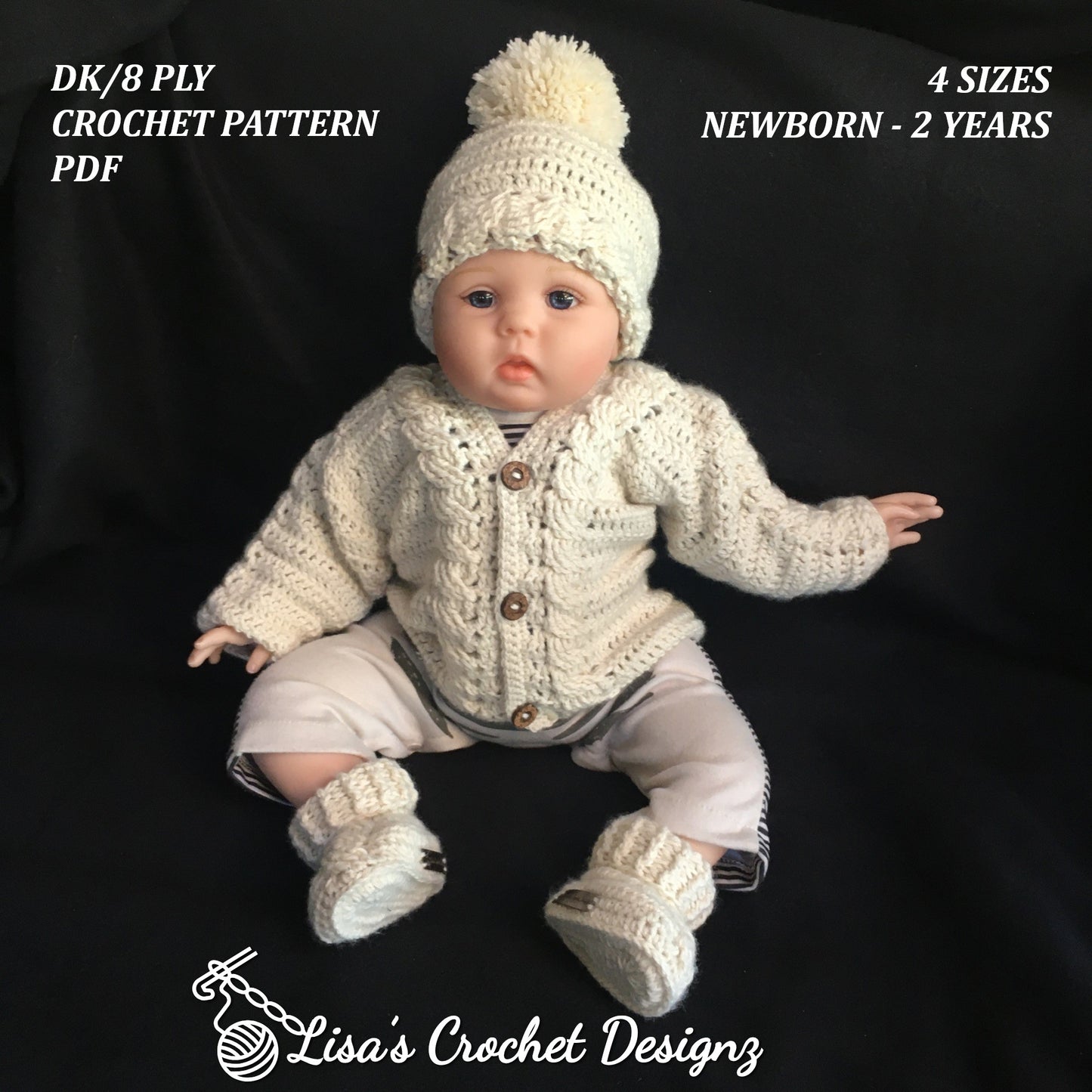 Cooper Crochet Sweater Hat and Booties set Crochet Pattern details