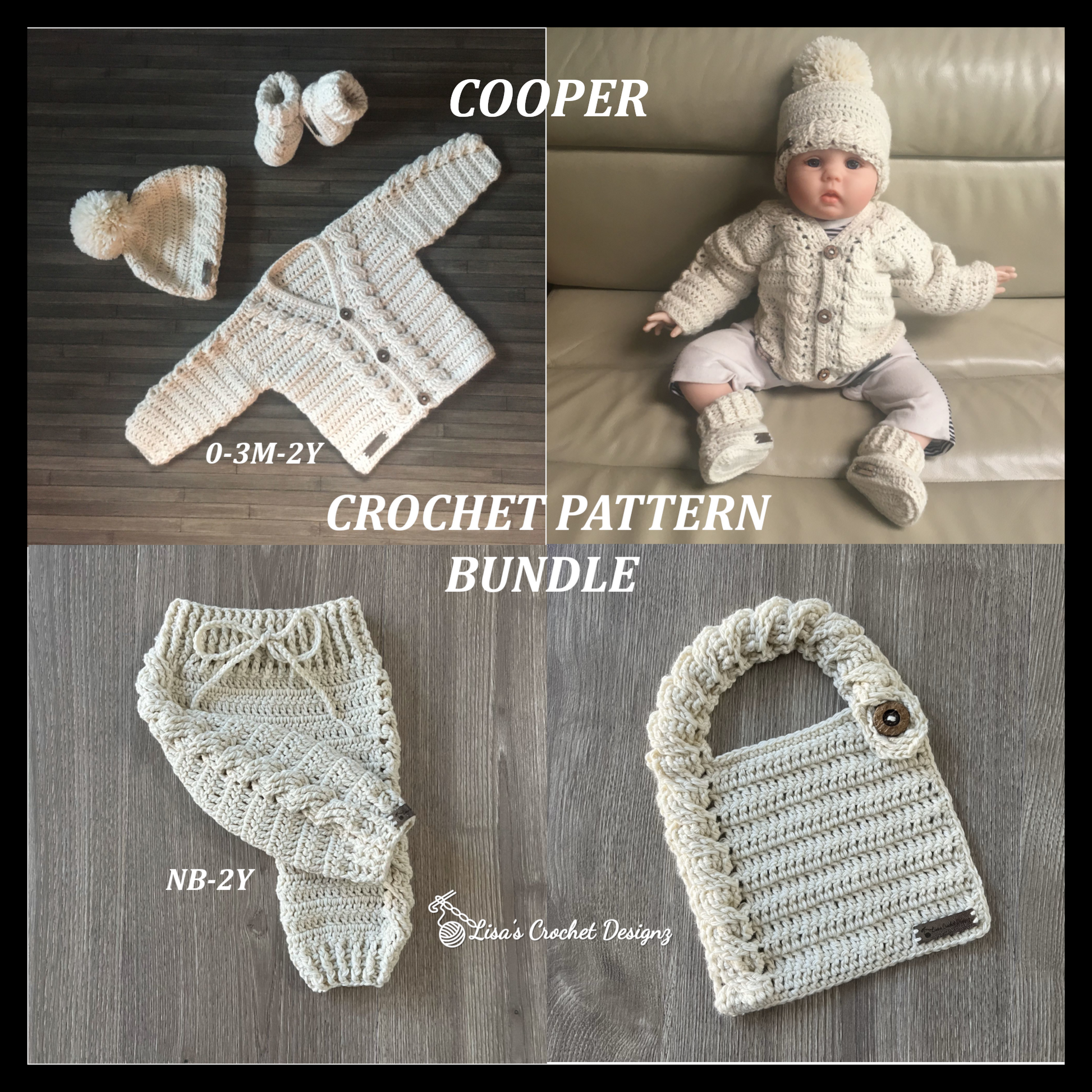 Cooper Crochet Pattern Bundle of 5 Baby Sweater Hat Booties Pants Bib