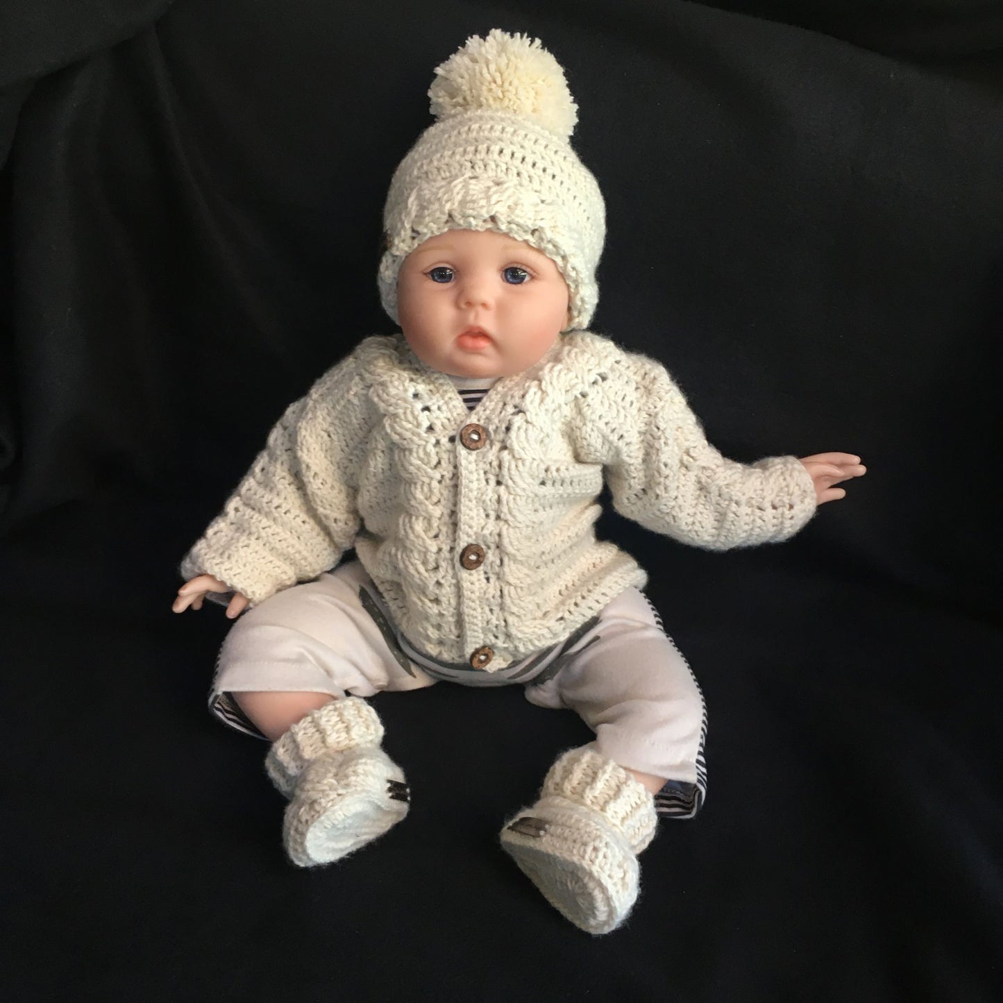 cooper crochet sweater hat and booties on baby