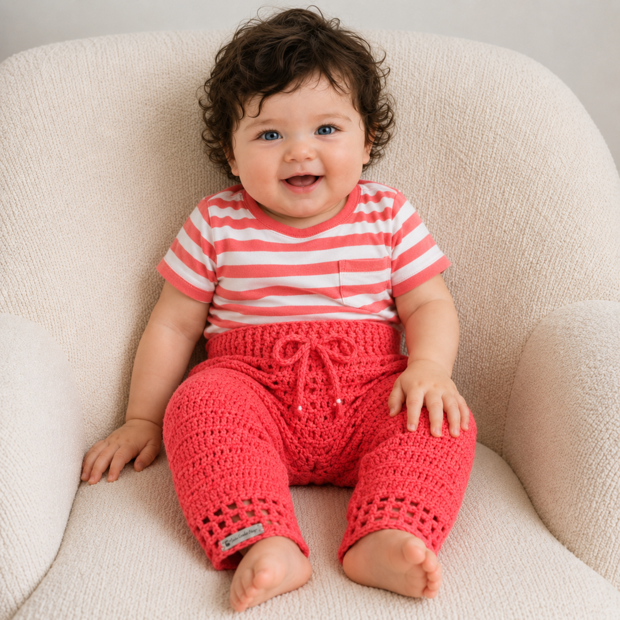 Baby wearing Coral pink crochet leggings with drawstring waist on a cream chair for a newborn-to-2-years digital pattern PDF.
