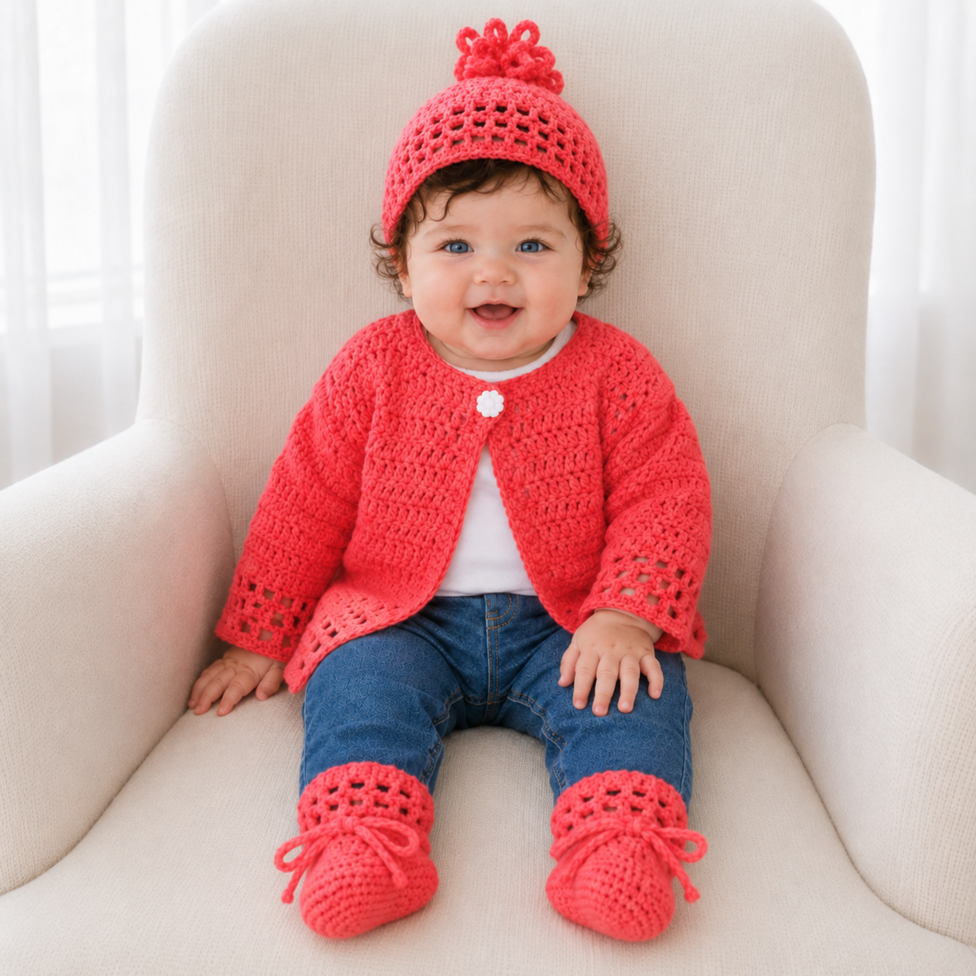 Baby in blue jeans on a cream chair wears a pink Coral crochet cardigan, hat and booties. Digital pattern PDF set, 0–2Y.