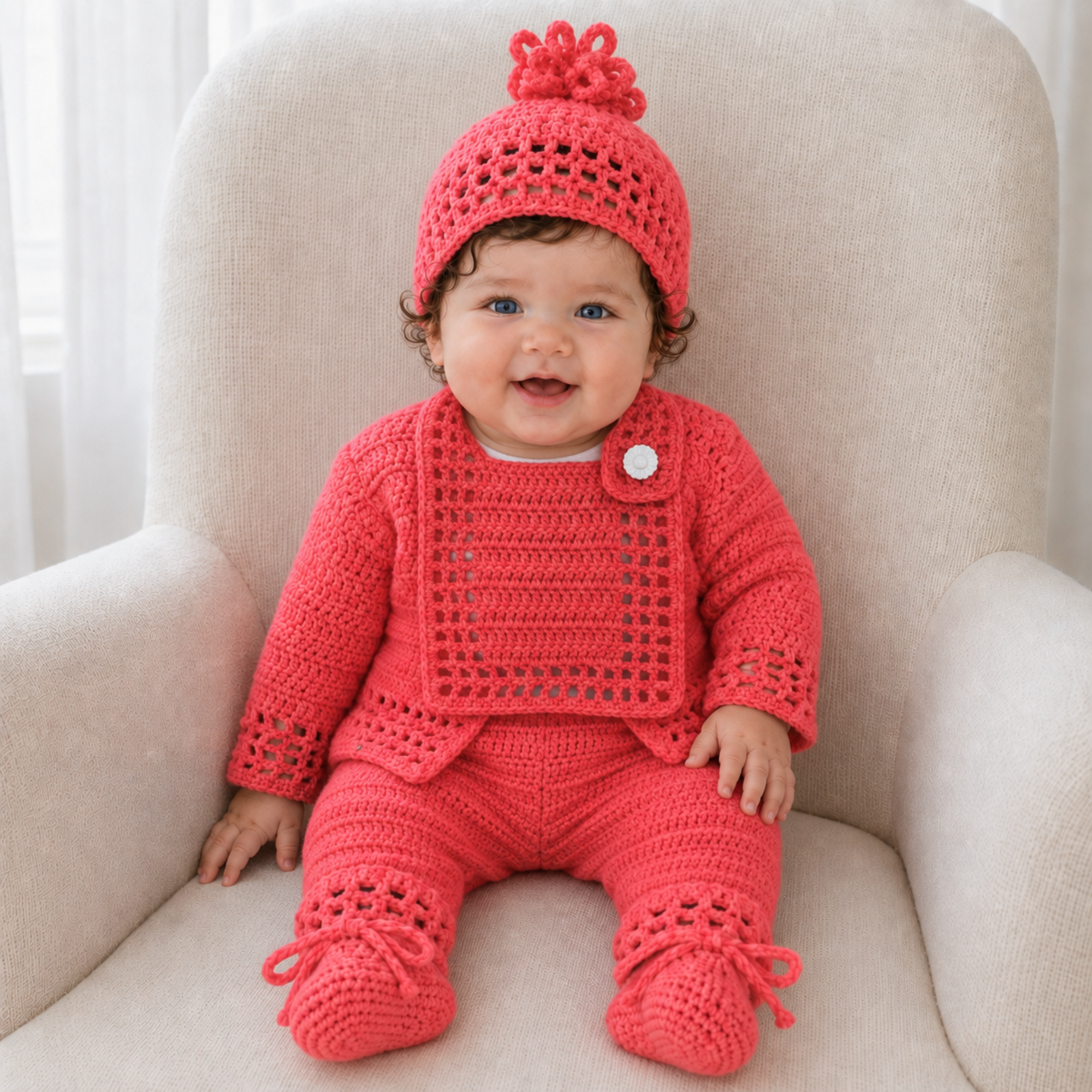 Baby in Coral pink crochet cardigan, pants, booties and pompom hat and bib on a cream chair for digital crochet pattern PDFs.