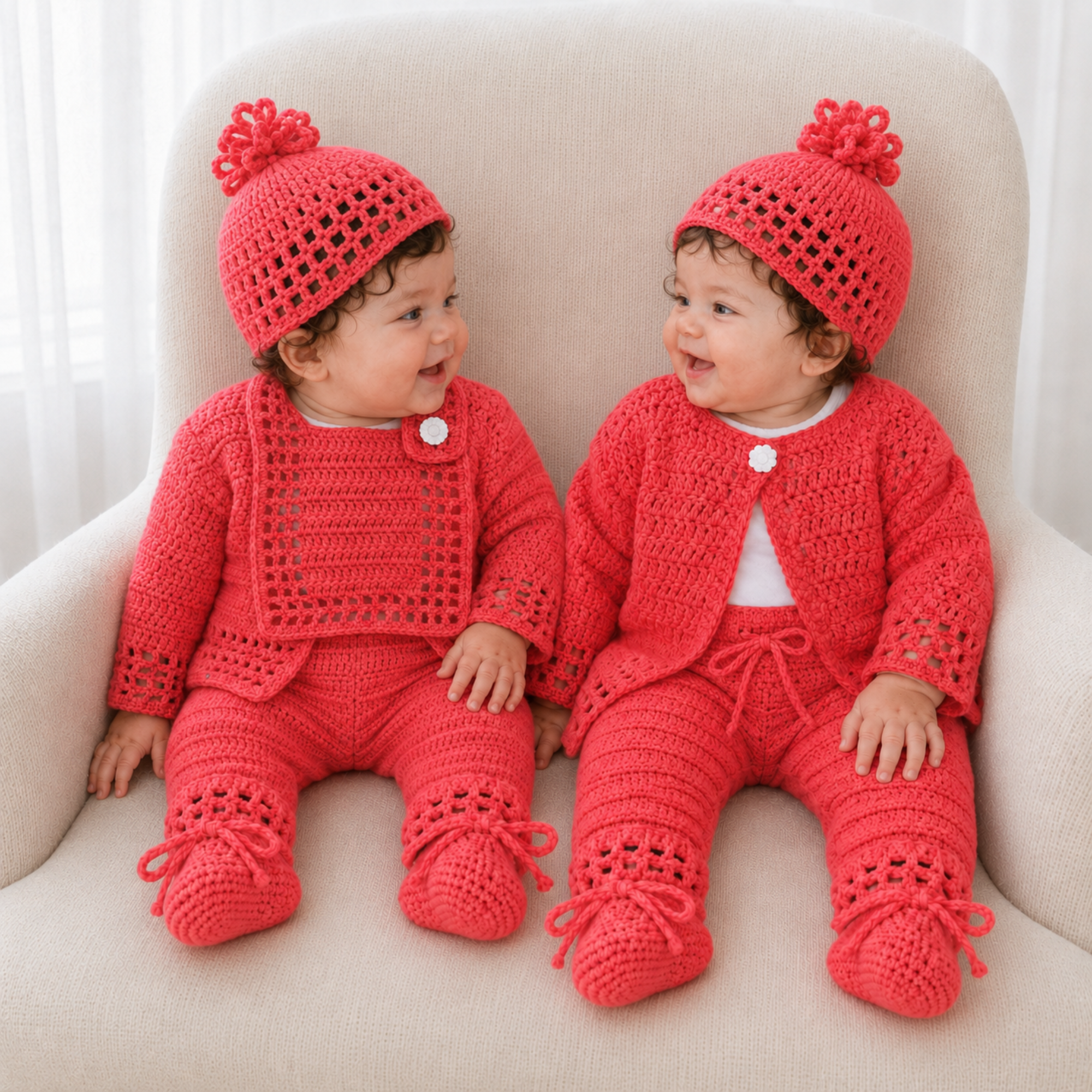 Two babies in Coral crochet cardigans, pants, booties and pompom hats, one with a bib, for digital pattern PDFs.