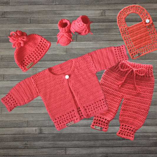 Crochet Pattern Coral Baby Cardigan Hat Booties Pants Bib Set