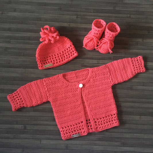 coral crochet baby sweater hat and booties set