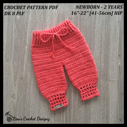 coral crochet baby pants pattern details