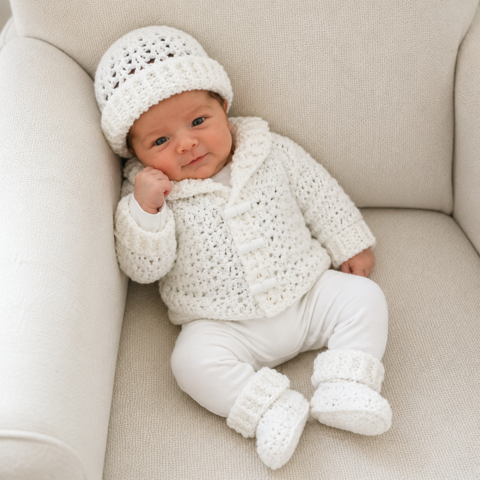 Newborn propped on a cream sofa wears white Corbin shawl-collar crochet cardigan, hat and booties. Digital pattern PDF.