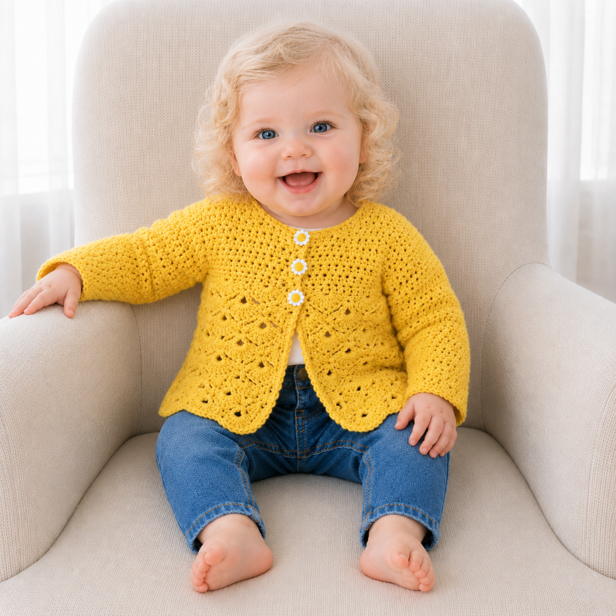Daisy yellow crochet baby cardigan worn with blue jeans on a cream chair, digital pattern PDF.
