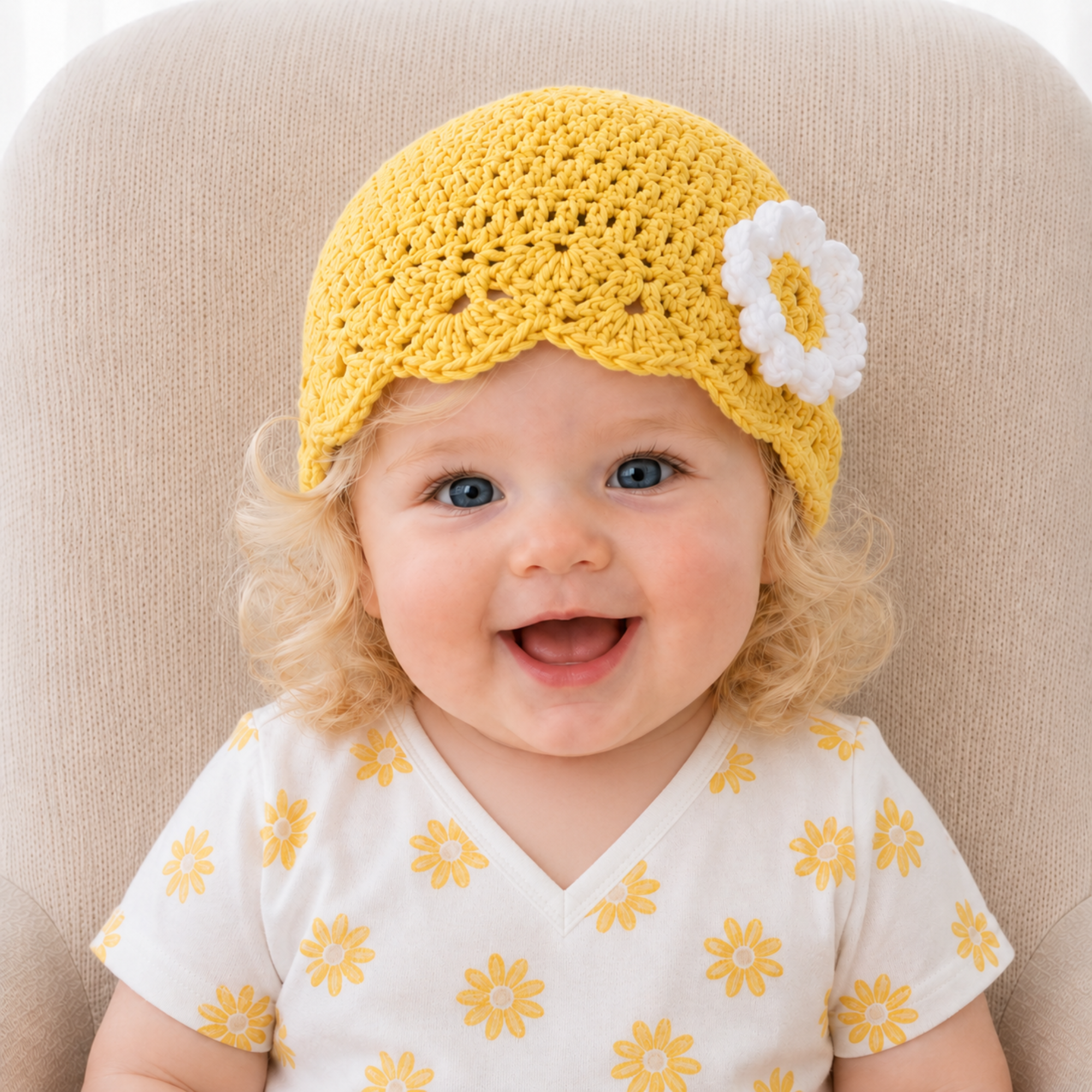 Baby wearing yellow Daisy crochet beanie with white flower and floral shirt on beige chair, Prem–12M digital pattern PDF