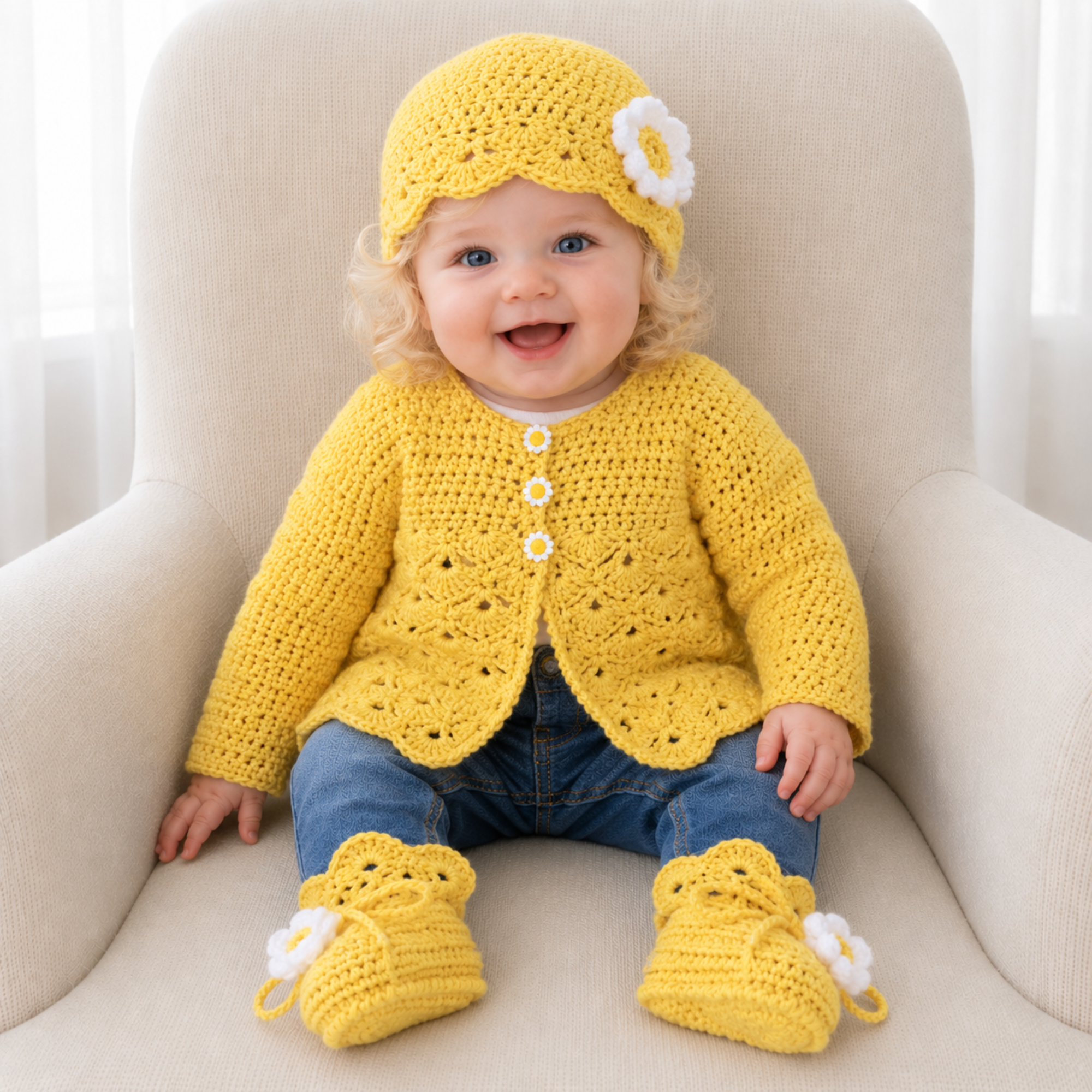 Baby in blue jeans on a cream chair wears a yellow Daisy crochet cardigan, hat and booties. Digital pattern PDF set, NB–12M.