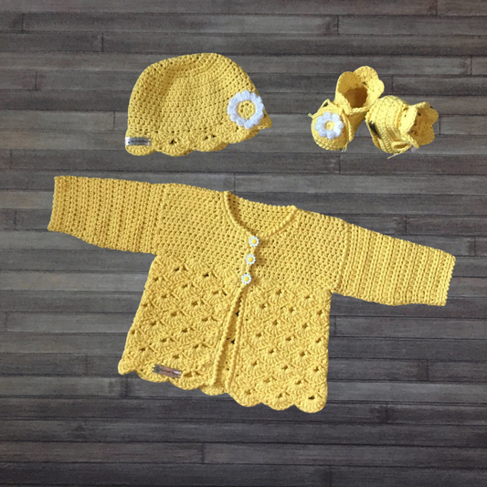 Crochet Pattern Daisy Baby Cardigan Hat Booties Set Newborn to 1 Year