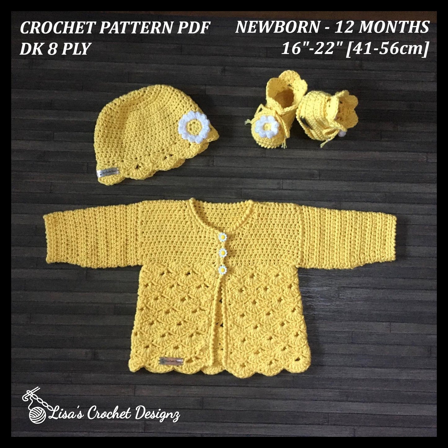 Crochet Pattern Daisy Baby Cardigan Hat Booties Set Newborn to 1 Year