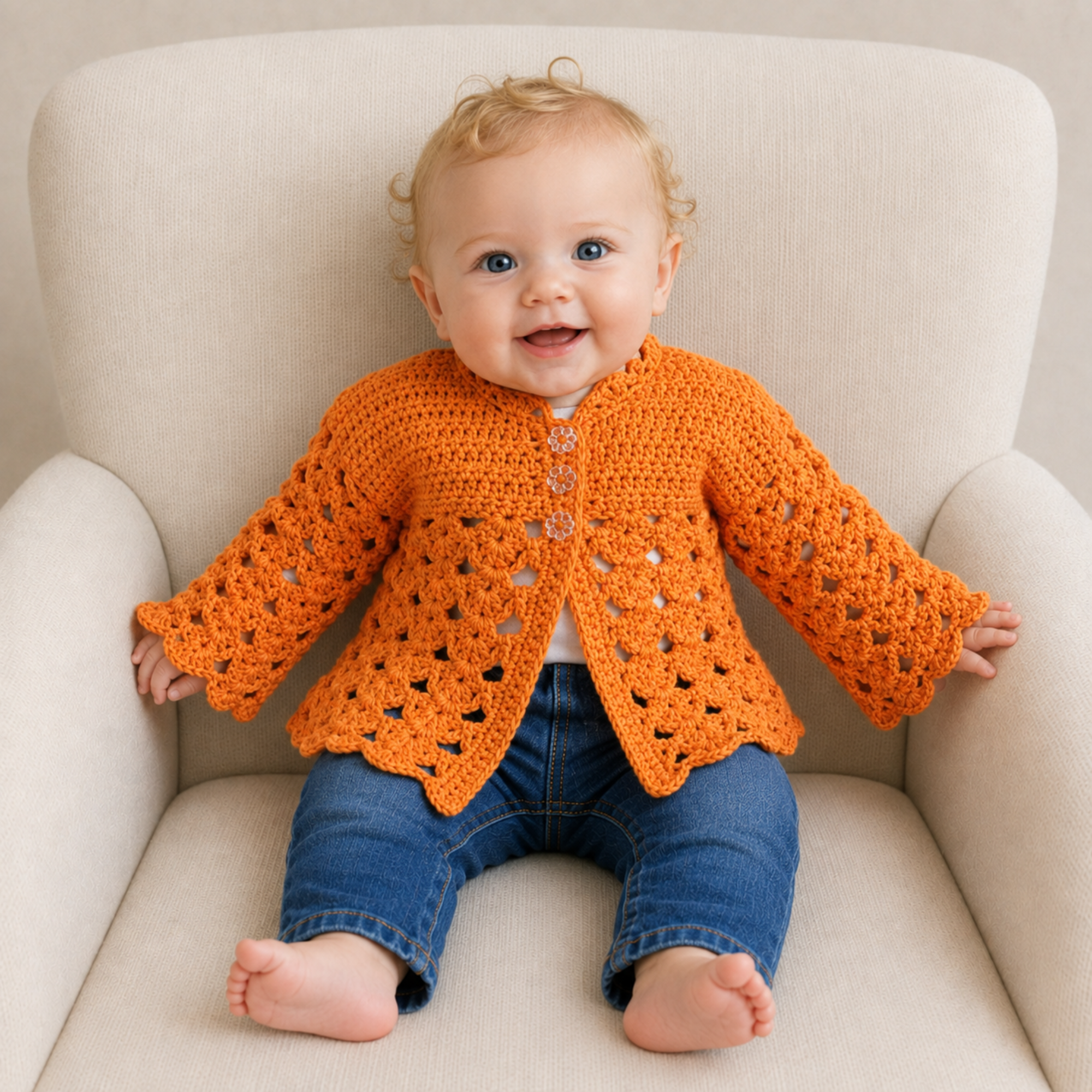 Baby wearing bright orange Dakota matinee crochet cardigan with blue jeans on a cream chair, size 0–3M, digital pattern PDF