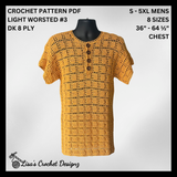 Mustard Dallin crochet Henley shirt on black mannequin, silver background. Digital pattern PDF, DK 8 Ply, sizes S to 5XL