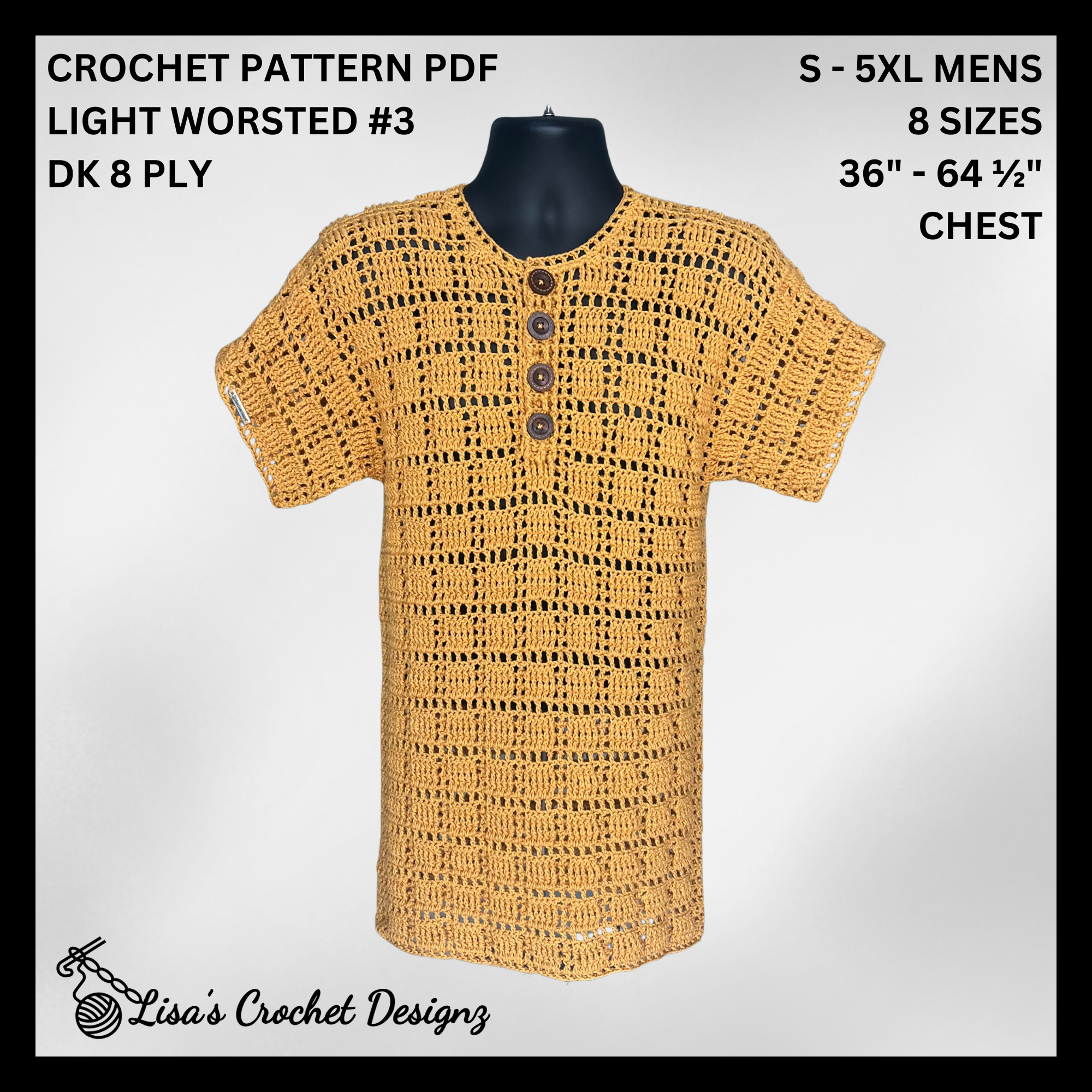 Dallin Crochet Pattern Men's Henley Shirt (S-5XL) – Digital PDF Pattern in English