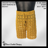 Mustard Dallin crochet shorts on a black mannequin, silver background, with sizes S to 5XL. Digital pattern PDF details.
