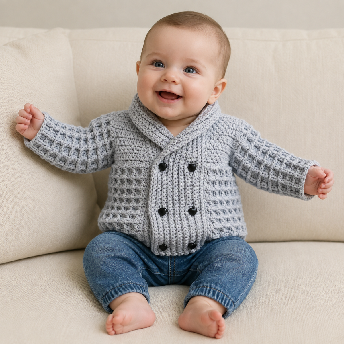Baby in blue jeans wears a gray Dean waffle-stitch crochet cardigan on a cream chair. Digital pattern PDF, 0–3Y.