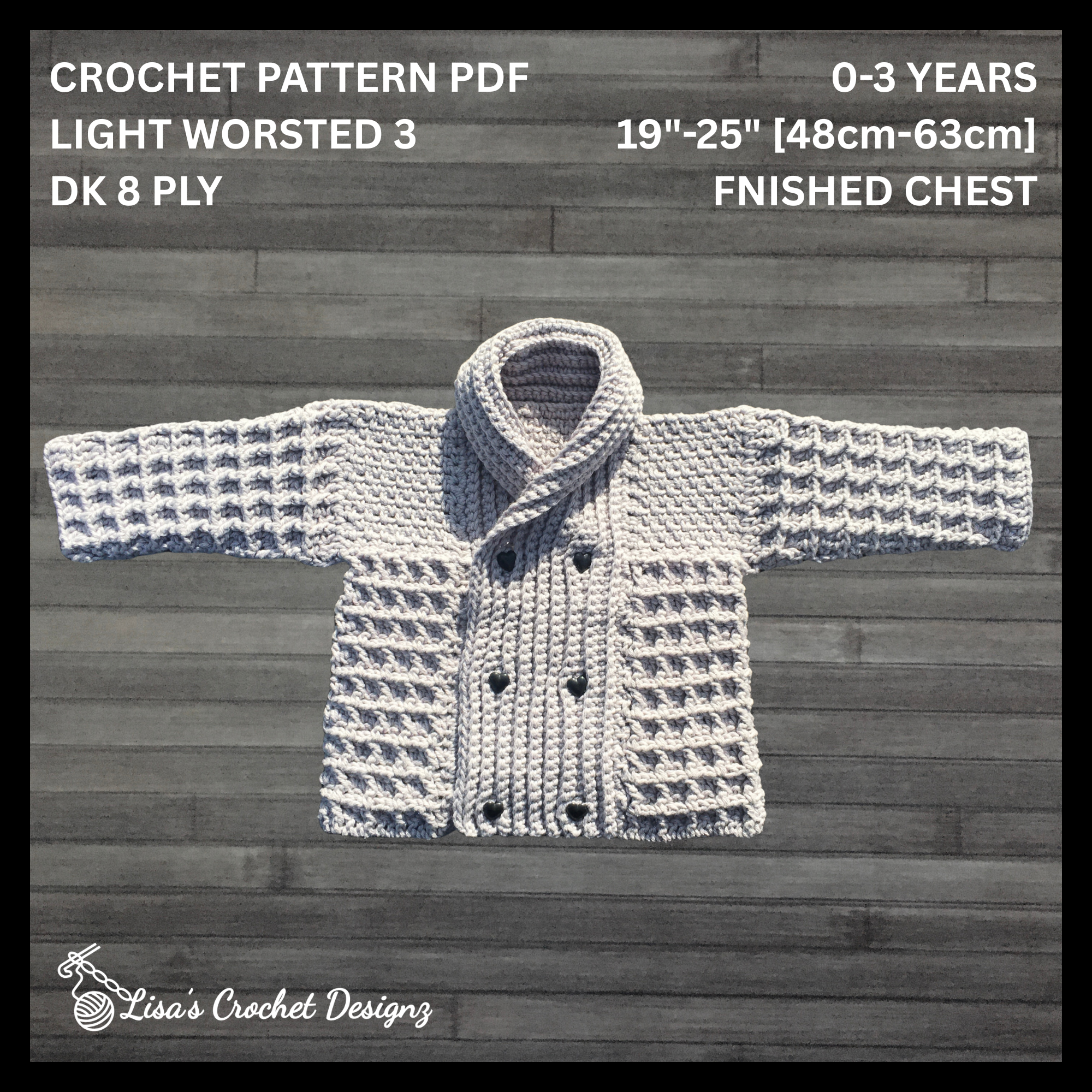 Gray Dean waffle-stitch crochet baby cardigan flat lay on wood. Digital pattern PDF, sizes 0 to 3 Years.