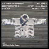 Gray Dean waffle-stitch crochet baby cardigan flat lay on wood. Digital pattern PDF, sizes 0 to 3 Years.