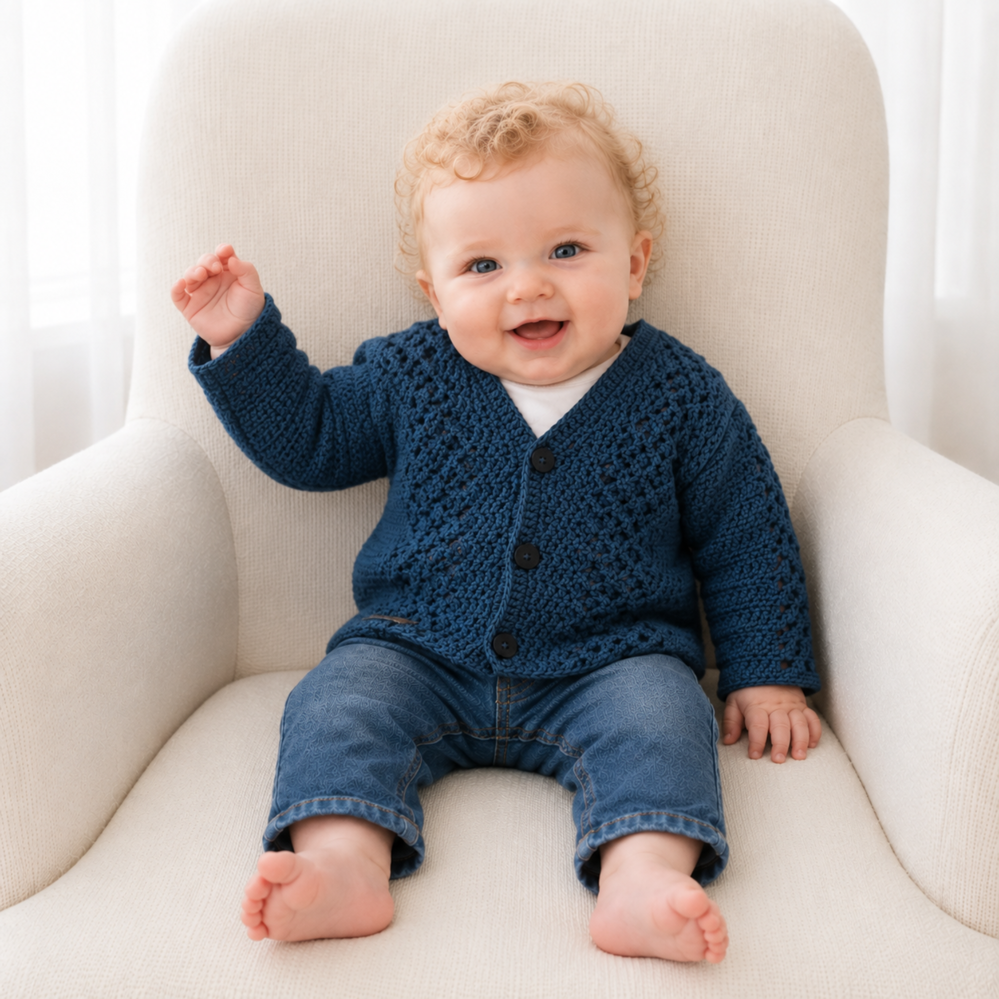 Baby in blue jeans wears a blue Devon V-neck crochet cardigan on a cream chair. Digital pattern PDF, sizes 0 to 2 Years.