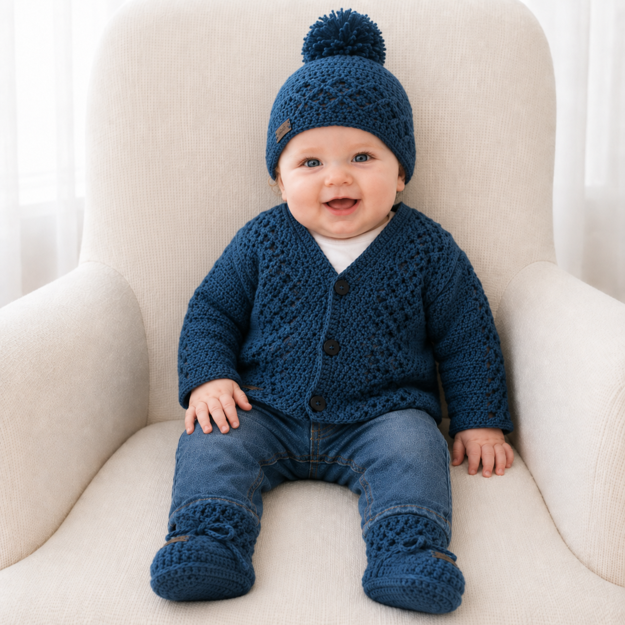 Baby wearing navy Devon V-neck crochet cardigan, hat and booties with blue jeans on a cream chair, 0–2Y digital pattern PDF