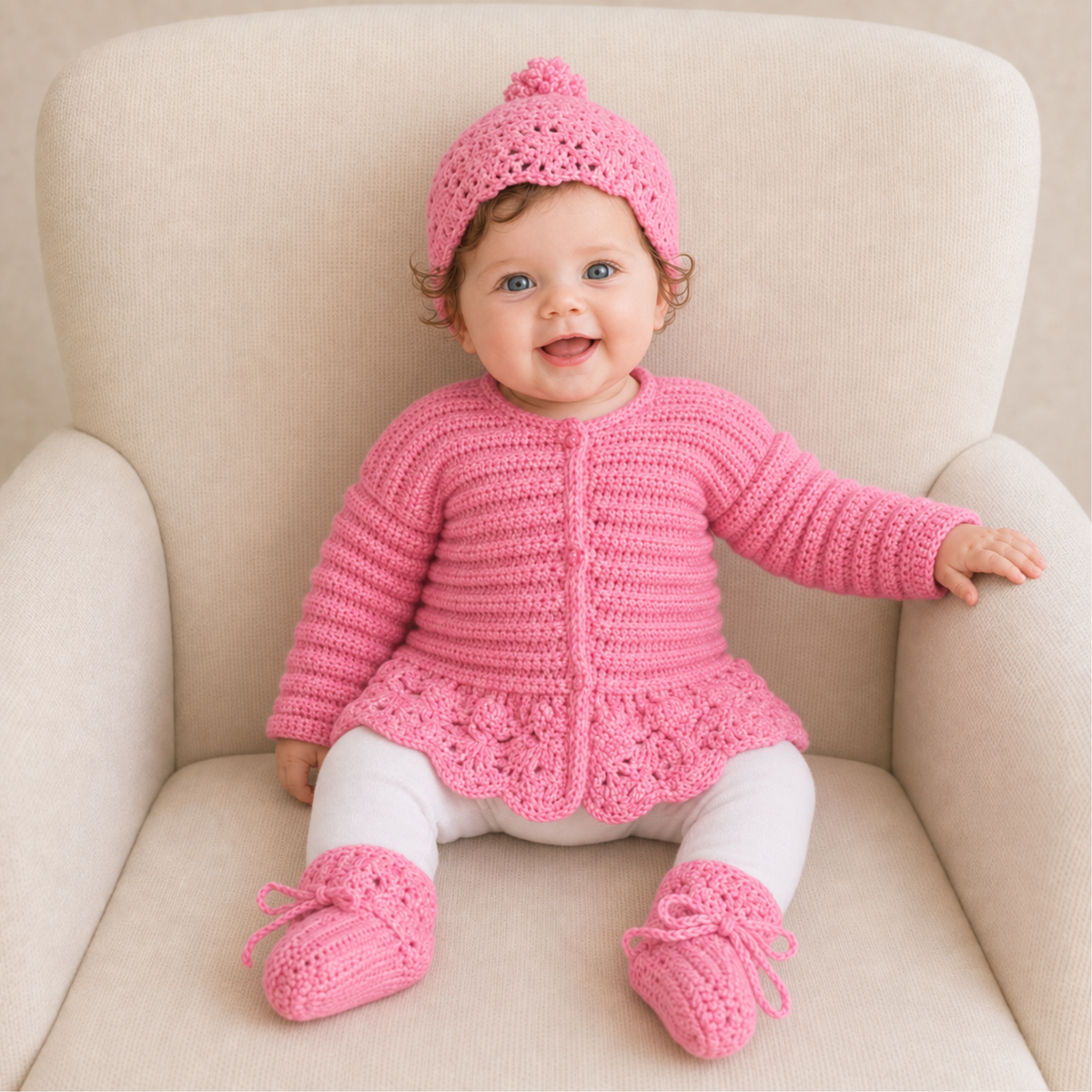 Baby wearing pink Emma peplum crochet cardigan, hat and booties with white tights on cream chair, 0–3M digital pattern PDF