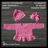 Crochet Baby Set Pattern PDF – Emma Peplum Cardigan, Hat & Booties (0–3M)