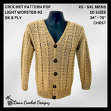 Crochet Cardigan Pattern PDF (XS–6XL) – Ethan Cabled V-Neck Cardigan for Men & Women