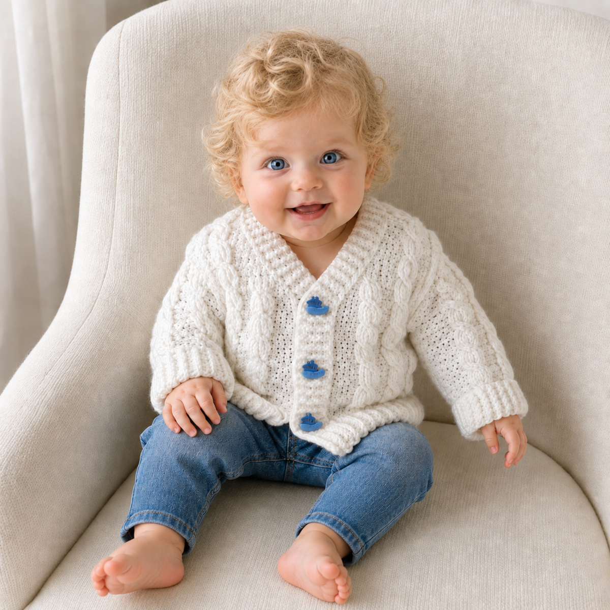 Baby on a cream chair wears white Ethan cabled V-neck crochet cardigan with blue tugboat buttons. Digital pattern PDF, 0–2Y.