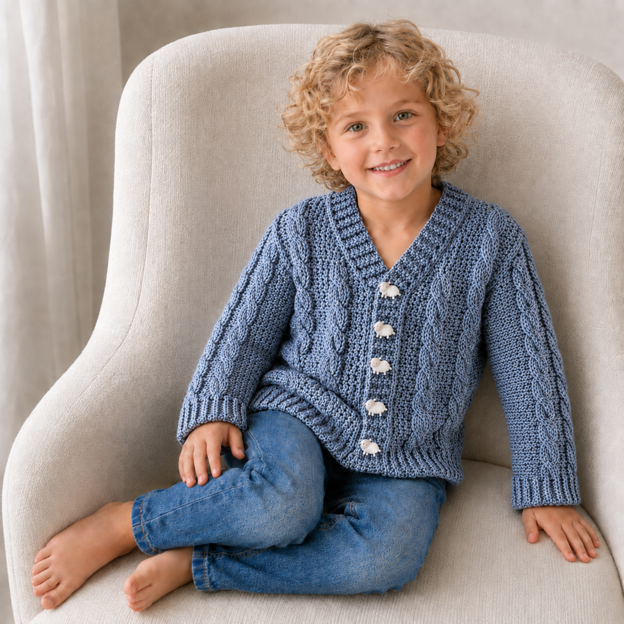 Boy on a cream chair wearing a blue Ethan cabled V-neck crochet cardigan. Digital pattern PDF, sizes 3 to 10 Years.