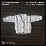 White Ethan cabled V-neck crochet cardigan with tugboat buttons flat lay on wood, showing digital pattern PDF details, 0–2Y.