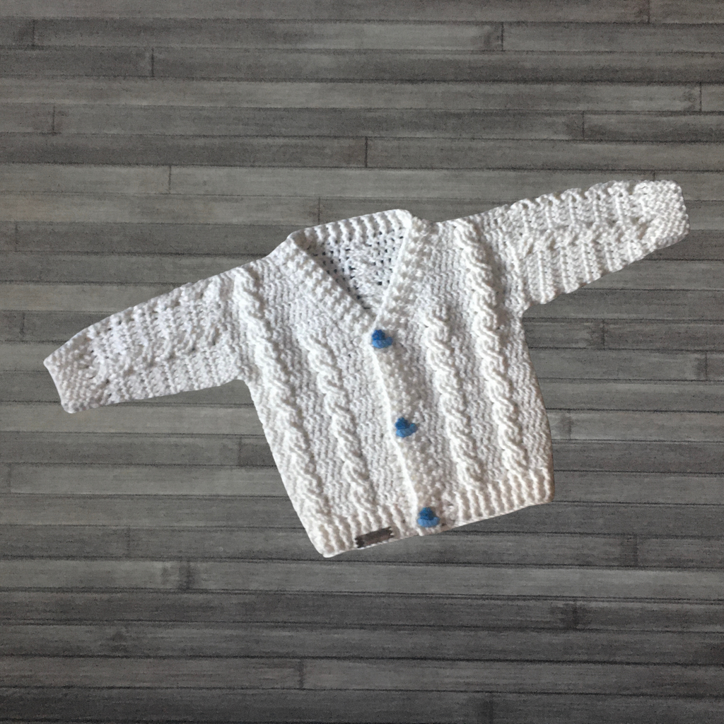 Crochet Baby Cardigan Pattern – Ethan Cable V-Neck Cardigan (0–2Y