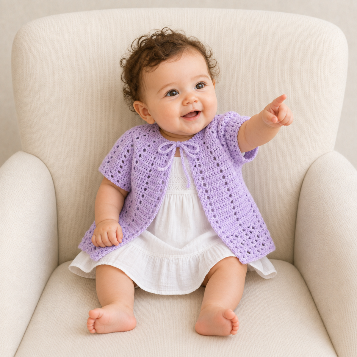 Baby in a white dress points while wearing an Eva cap-sleeve crochet cardigan on a cream chair. Digital pattern PDF, 0–3M.