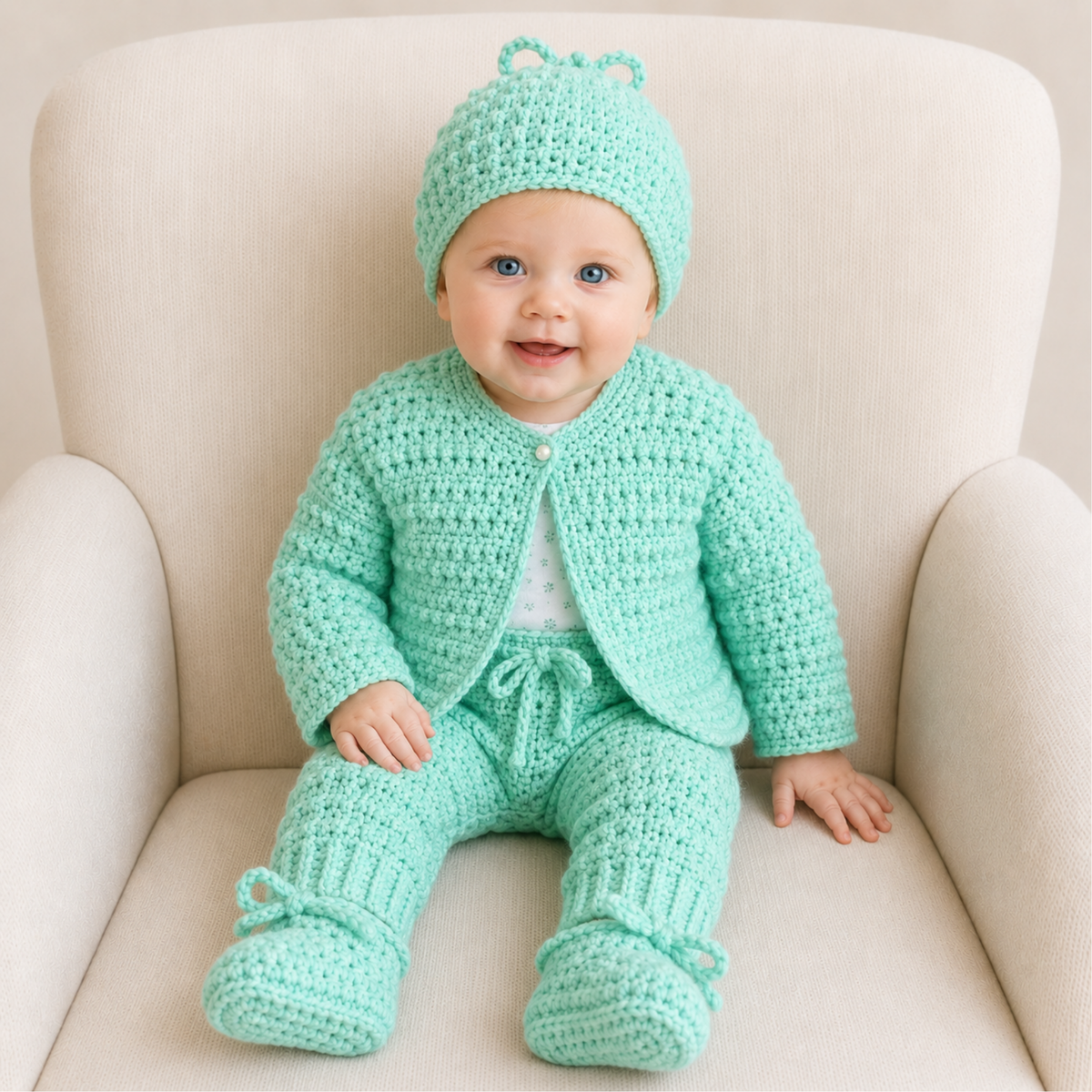 Crochet Baby Pattern PDF Set – Fiona Cardigan, Pants, Hat, Booties & Bib