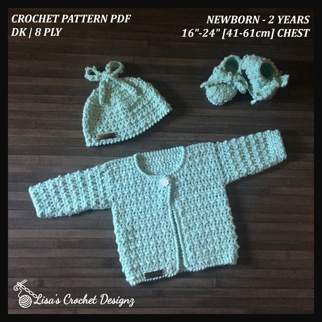 Fiona Crochet Pattern Collections – Cardigan & Pants (0-2Y), Hat (0-10Y), Booties & Trendy Bandana Bib English PDF