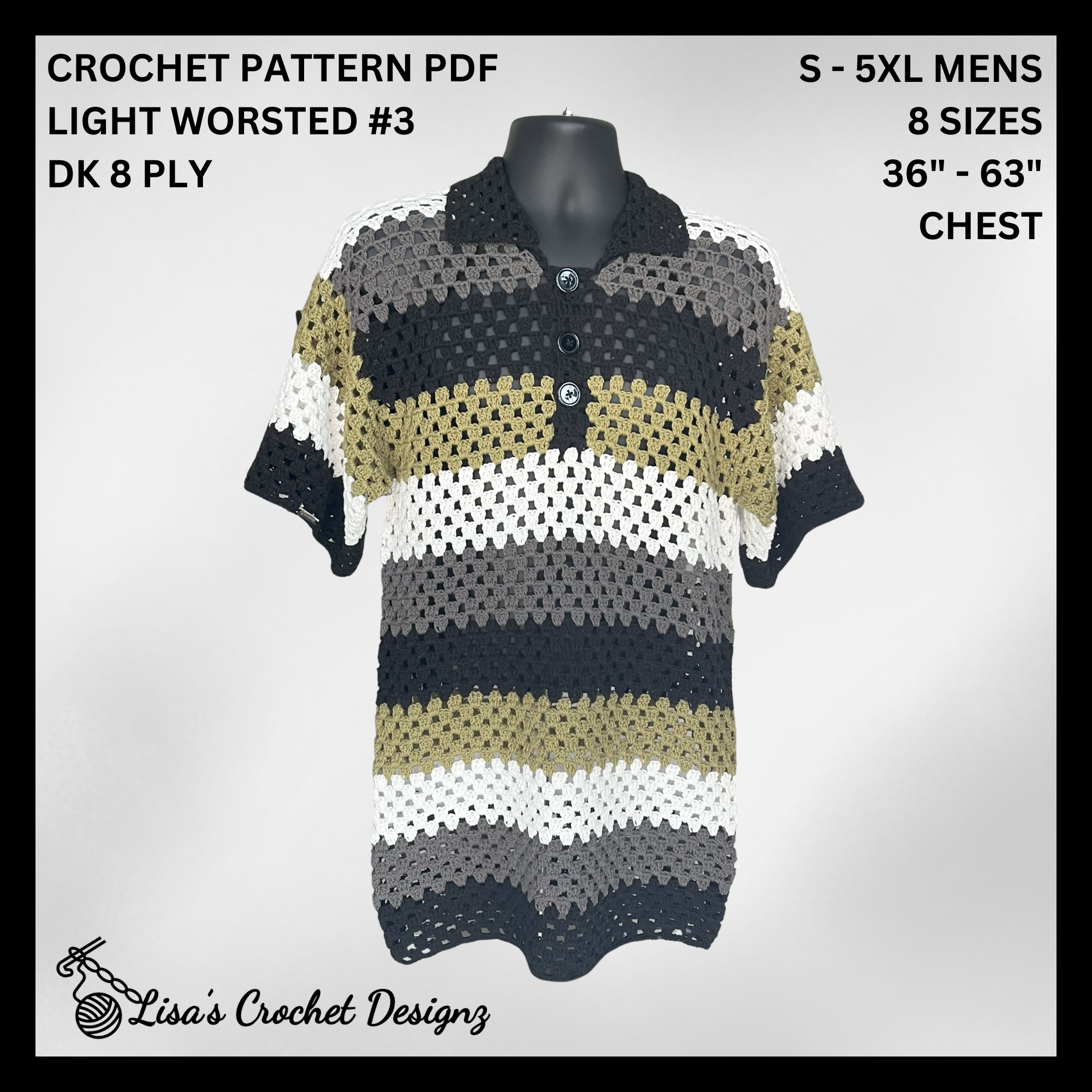 Granny Stitch Crochet Pattern Men's Polo Shirt (S-5XL) – Digital PDF Pattern in English