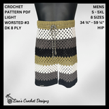 Granny Stitch crochet shorts with green, gray, white and black stripes on black mannequin, silver. Digital pattern PDF S–5XL
