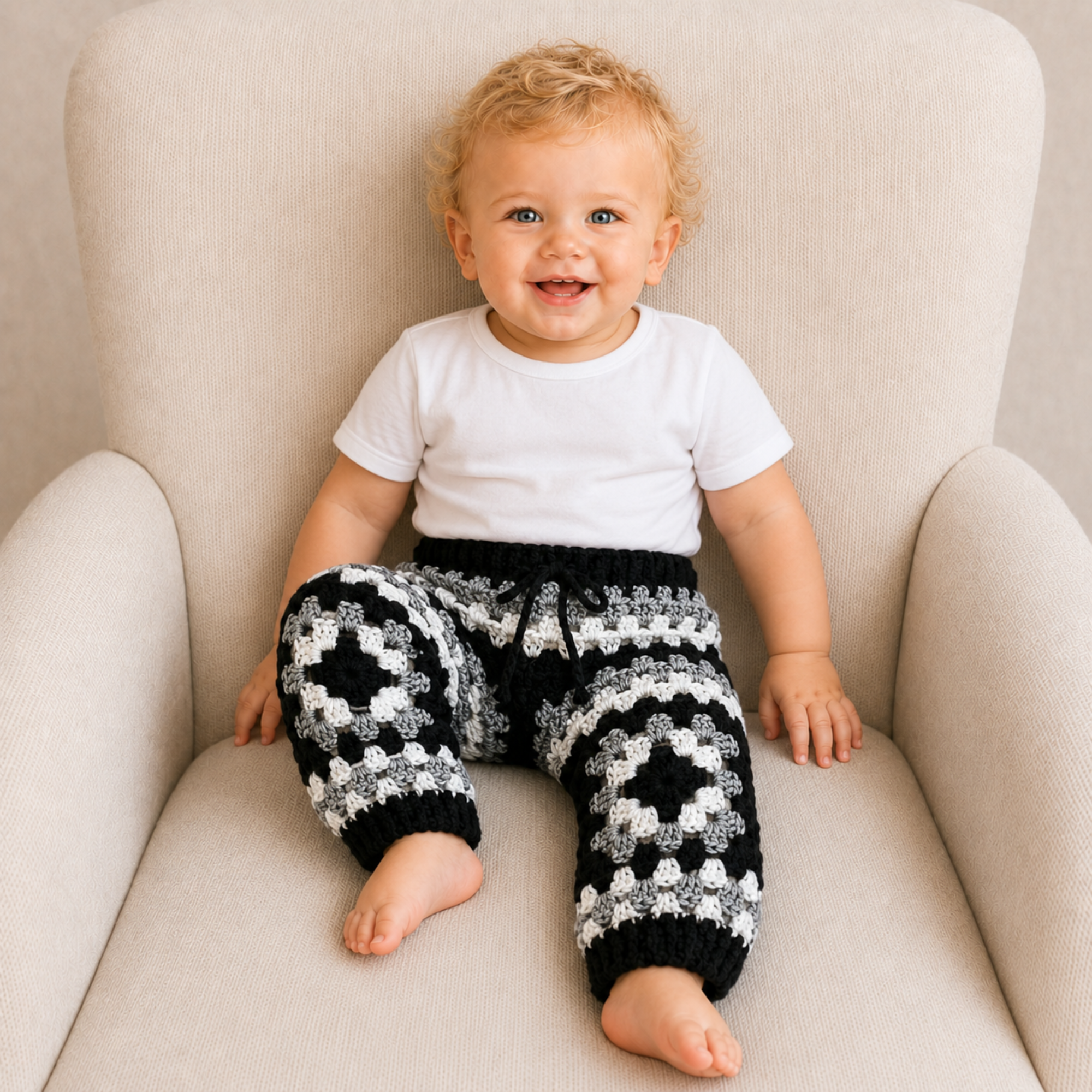 Smiling toddler wearing black, grey and white granny-square crochet baby pants on a cream chair for a digital pattern PDF.